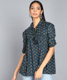 BLOCKS OF INDIA Cotton Hand Printed Short Kurti for Women Top Blue Buti