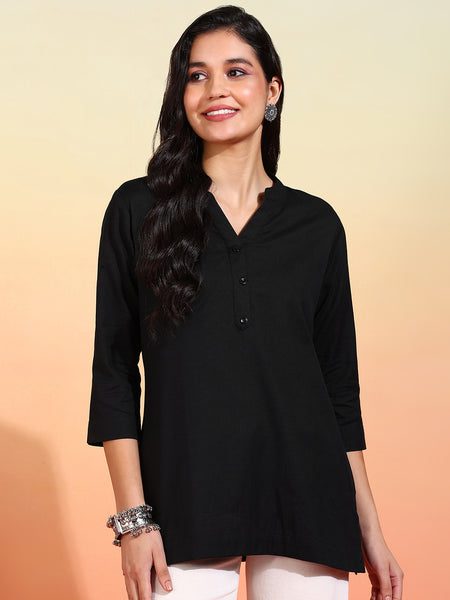BLOCKS OF INDIA Cotton Hand Solid Color Kurti for Women - Black