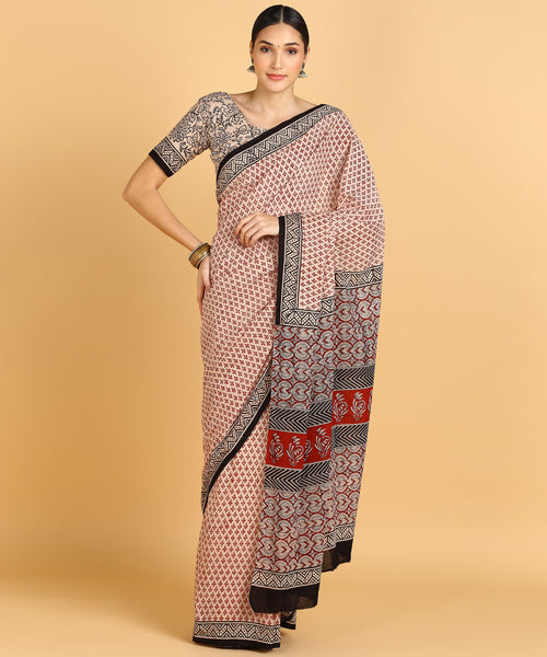 BLOCKS OF INDIA Hand Block Print Cotton Sarees For Women with Unstitched Blouse Piece Color 1