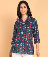 BLOCKS OF INDIA Cotton Hand Printed Short Kurti for Women Short Blue Red Flower