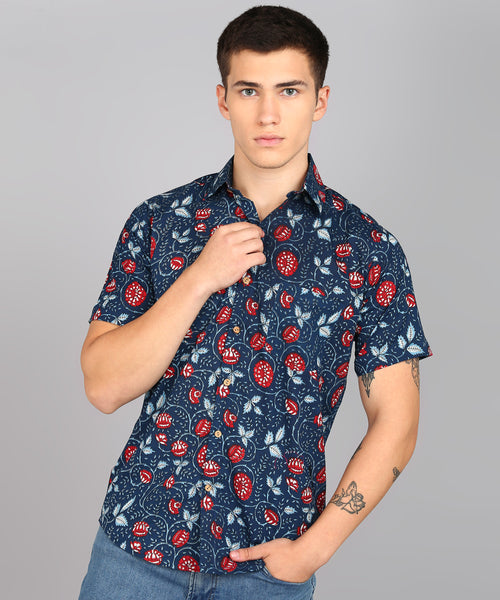 BLOCKS OF INDIA Cotton Hand Block Print Half Sleeves Summer Shirt for Men Blue Red Flower