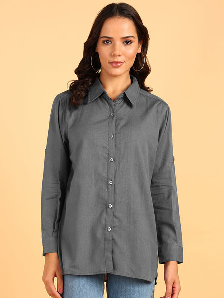 Blocks Of India Women Solid Color Casual Shirt Grey