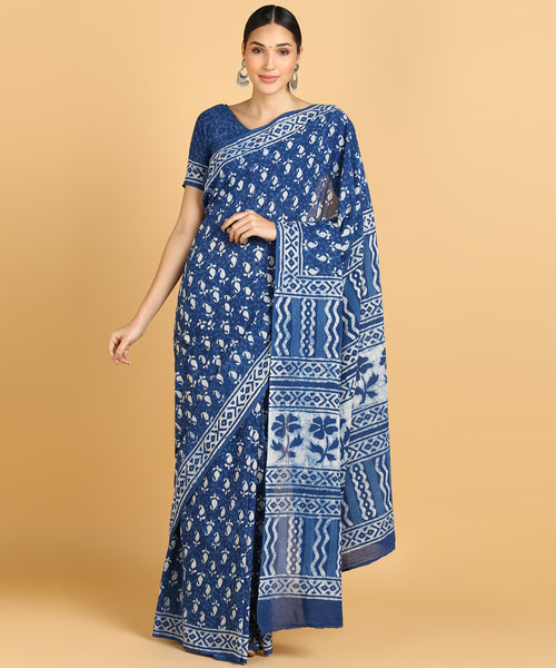 BLOCKS OF INDIA Hand Block Print Cotton Sarees For Women with Unstitched Blouse Piece Color 8