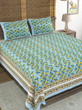 Hand Block Print Cotton King Size Bedsheet Blue Grey Buti TA