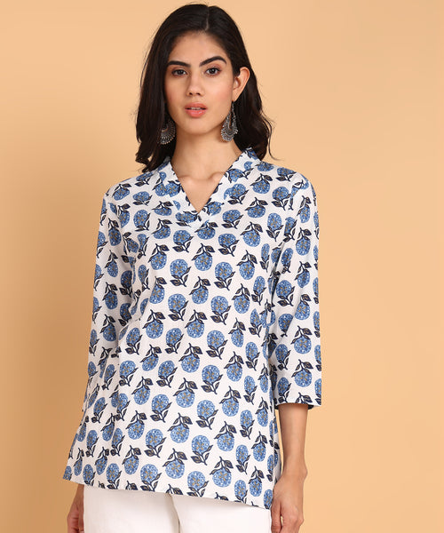 BLOCKS OF INDIA Cotton Hand Printed Short Kurti for Women Short Blue Buti