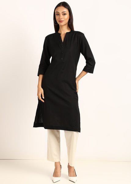 BLOCKS OF INDIA Cotton Hand Solid Long Kurti for Women Solid Black
