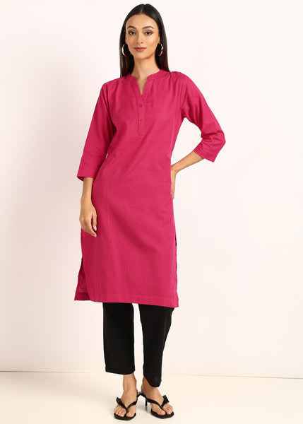 BLOCKS OF INDIA Cotton Hand Solid Long Kurti for Women Solid Pink