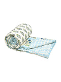 Cotton Medium/Queen Size Quilt Hand Block Print for Light Winters (70 x 100 Inches) (Blue Green Rose)