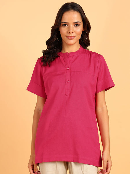 BLOCKS OF INDIA Cotton Solid Color Top for Women - Hot Pink
