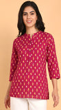 Cotton Hand Printed Short Kurti for Women Short Maroon Ikat