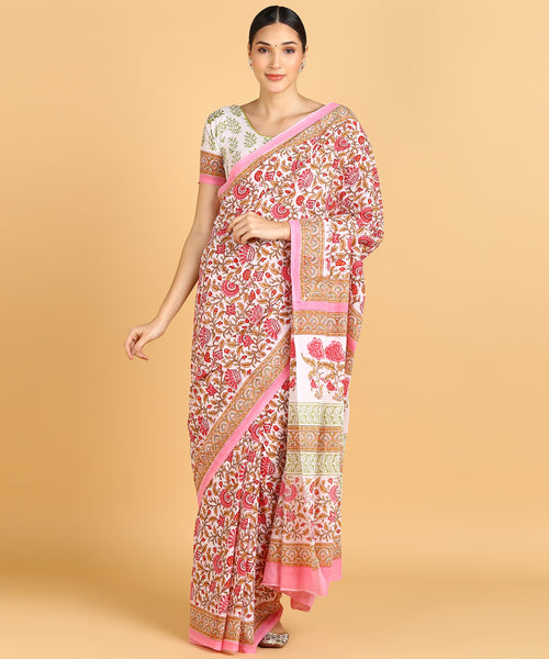 BLOCKS OF INDIA Hand Block Print Cotton Sarees For Women with Unstitched Blouse Piece Color 13