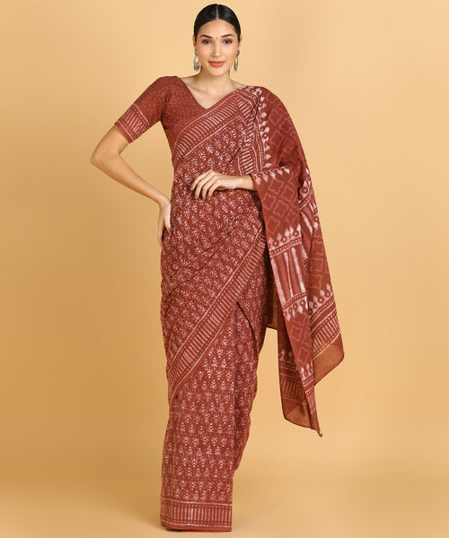 BLOCKS OF INDIA Hand Block Print Cotton Sarees For Women with Unstitched Blouse Piece Color 6