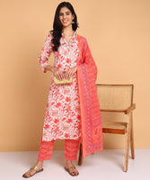 BLOCKS OF INDIA Cotton Hand Printed Set 3 Pic Kurti for Women red Flower