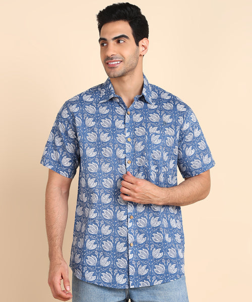 BLOCKS OF INDIA Cotton Hand Block Print Half Sleeves Summer Shirt for Men (Blue Flower)