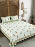 BLOCKS OF INDIA Hand Block Print Cotton King Size Bedsheet Red Green Flower