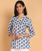 BLOCKS OF INDIA Cotton Hand Printed Short Kurti for Women Short Blue Buti
