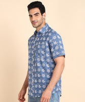 BLOCKS OF INDIA Cotton Hand Block Print Half Sleeves Summer Shirt for Men (Blue Flower)