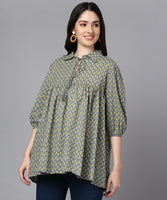 BLOCKS OF INDIA Cotton Block Print Oversized Short Kurti TOP for Women/Girls (Green buti)
