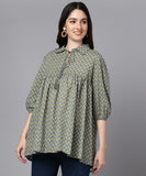 BLOCKS OF INDIA Cotton Block Print Oversized Short Kurti TOP for Women/Girls (Green buti)