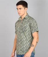 BLOCKS OF INDIA Cotton Hand Block Print Half Sleeves Summer Shirt for Men Grey Yellow Kairi