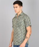 BLOCKS OF INDIA Cotton Hand Block Print Half Sleeves Summer Shirt for Men Grey Yellow Kairi