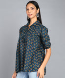 BLOCKS OF INDIA Cotton Hand Printed Short Kurti for Women Top Blue Buti