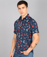 BLOCKS OF INDIA Cotton Hand Block Print Half Sleeves Summer Shirt for Men Blue Red Flower