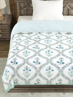 Cotton Single Size Quilt/ Rajai Hand Block Print for Light Winters (150x225 cm) (Turq Bel)