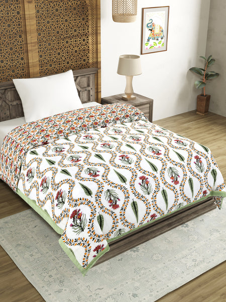 Cotton Single Size Quilt/ Rajai Hand Block Print for Light Winters (150x225 cm) (Green Patti)