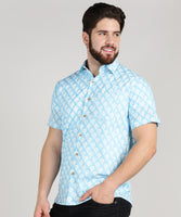BLOCKS OF INDIA Cotton Hand Block Print Half Sleeves Summer Shirt for Men (White Blue Buti)