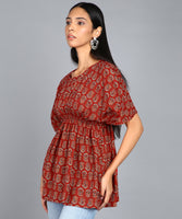 BLOCKS OF INDIA Cotton Hand Printed Short Kurti top for Women Red Buti