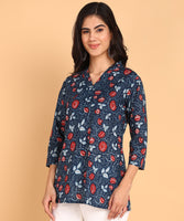 BLOCKS OF INDIA Cotton Hand Printed Short Kurti for Women Short Blue Red Flower