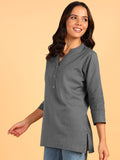 BLOCKS OF INDIA Cotton Hand Solid Color Kurti for Women - Grey