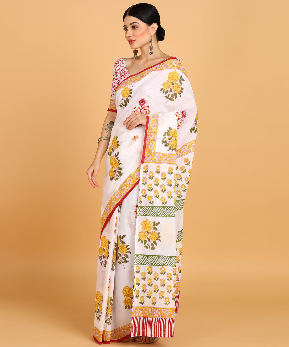 Hand Block Print Cotton Sarees For Women with Unstitched Blouse Piece ...