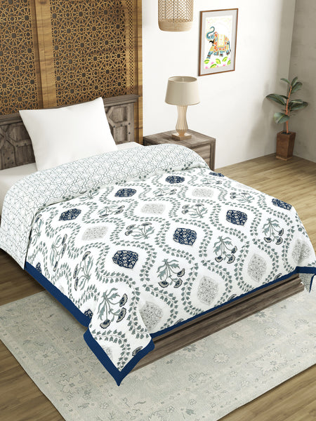 Cotton Single Size Quilt/ Rajai Hand Block Print for Light Winters (150x225 cm) (Royal Blue Motif)