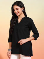 BLOCKS OF INDIA Cotton Hand Solid Color Kurti for Women - Black