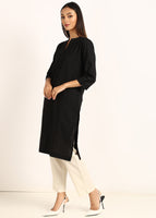 BLOCKS OF INDIA Cotton Hand Solid Long Kurti for Women Solid Black