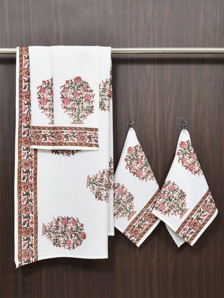 BLOCKS OF INDIA Cotton Hand Block Printed Soft Waffle Fabric Towel Set : 1 Bath Towel and 4 Hand Towel (Color 32)