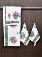 BLOCKS OF INDIA Cotton Hand Block Printed Soft Waffle Fabric Towel Set : 1 Bath Towel and 4 Hand Towel (Color 37)