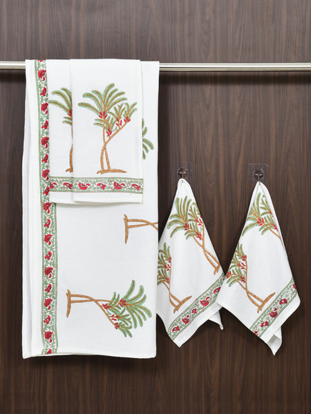 BLOCKS OF INDIA Cotton Hand Block Printed Soft Waffle Fabric Towel Set : 1 Bath Towel and 4 Hand Towel (Color 38)