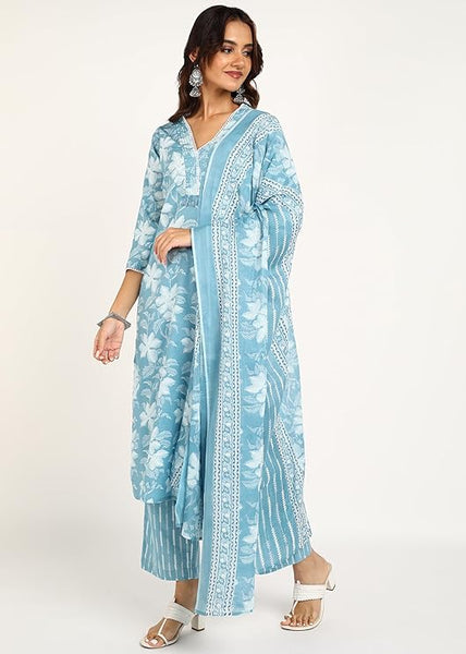 BLOCKS OF INDIA Cotton Hand Block Printed Kurta Pant Set with Dupatta, V-Neck Lace on Border, Traditional Indian Style (Grey)