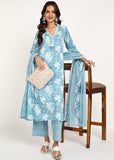 Cotton Hand Block Printed Kurta Pant Set with Dupatta, V-Neck Lace on Border, Traditional Indian Style (Grey)