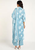 Cotton Hand Block Printed Kurta Pant Set with Dupatta, V-Neck Lace on Border, Traditional Indian Style (Grey)