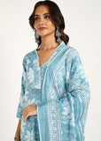 Cotton Hand Block Printed Kurta Pant Set with Dupatta, V-Neck Lace on Border, Traditional Indian Style (Grey)