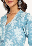 Cotton Hand Block Printed Kurta Pant Set with Dupatta, V-Neck Lace on Border, Traditional Indian Style (Grey)