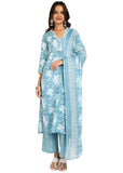Cotton Hand Block Printed Kurta Pant Set with Dupatta, V-Neck Lace on Border, Traditional Indian Style (Grey)