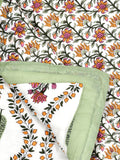 Cotton Single Size Quilt/ Rajai Hand Block Print for Light Winters (150x225 cm) (Green Patti)