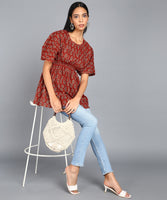 BLOCKS OF INDIA Cotton Hand Printed Short Kurti top for Women Red Buti