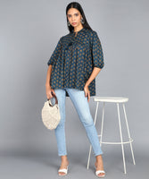 BLOCKS OF INDIA Cotton Hand Printed Short Kurti for Women Top Blue Buti