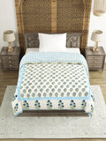 Cotton Medium/Queen Size Quilt Hand Block Print for Light Winters (70 x 100 Inches) (Blue Green Rose)